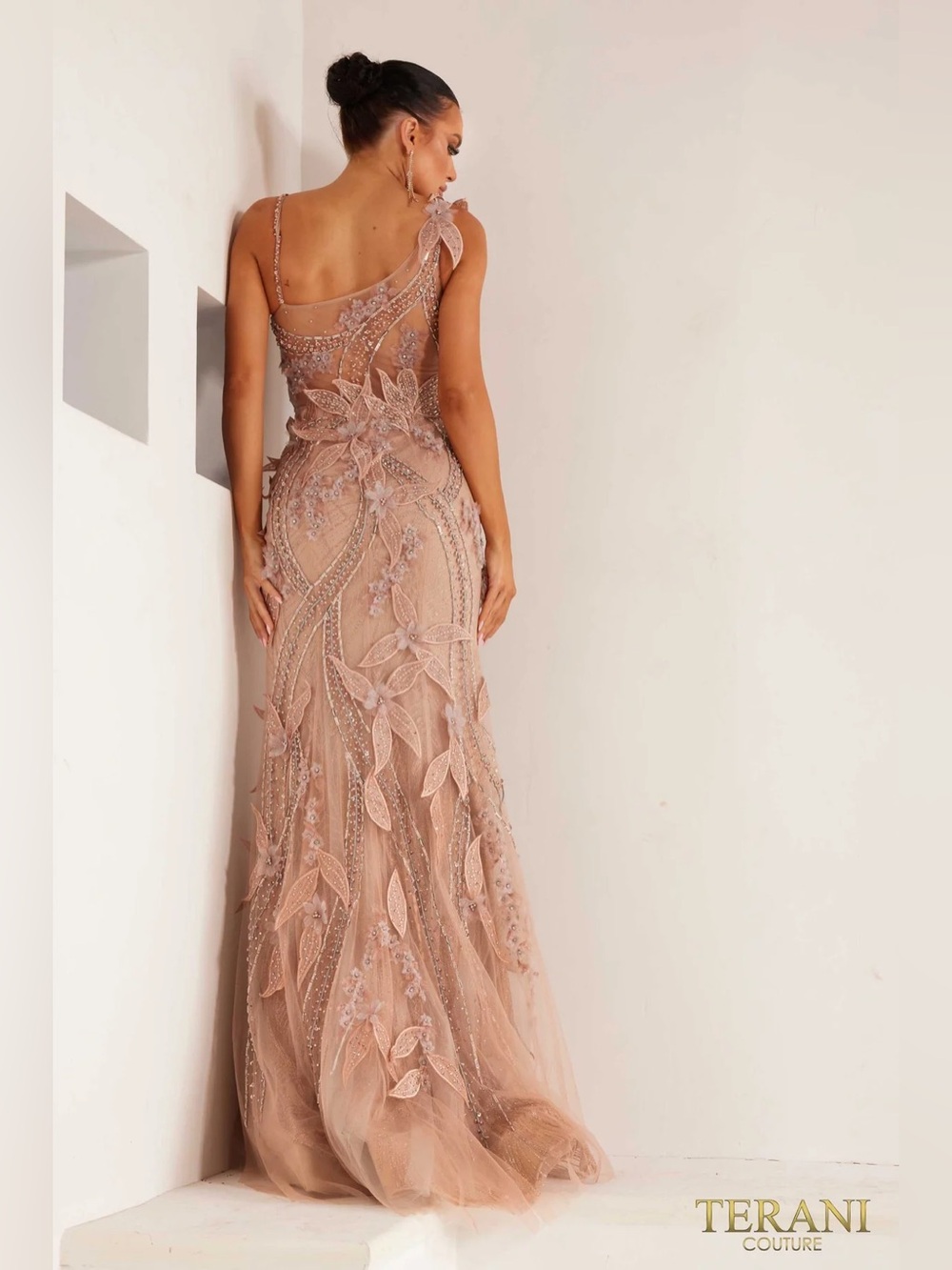 Terani Couture Blush Pink Beaded Floral Mermaid Evening Dress - Picture 3 of 15